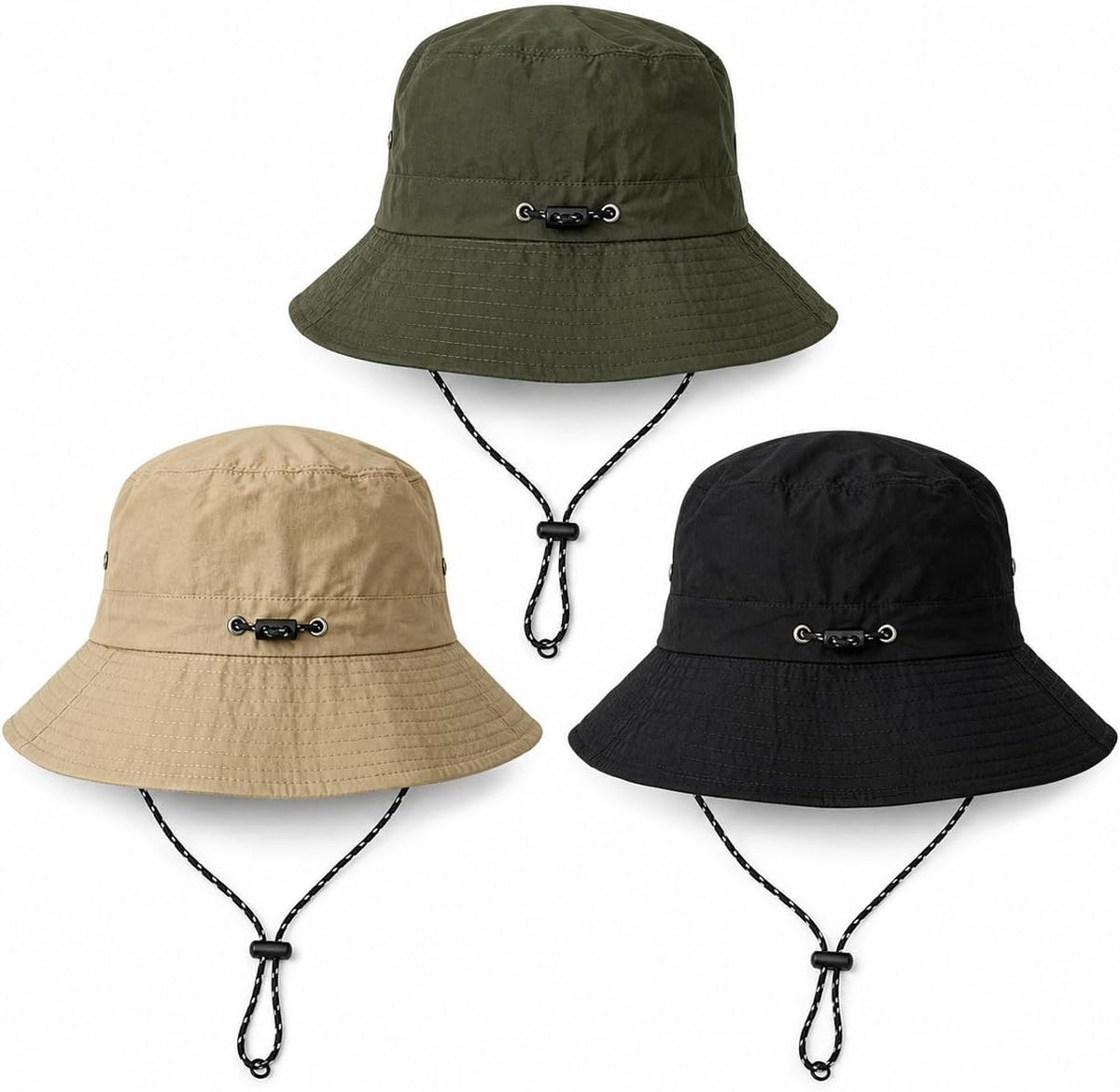 AiryMotion Foldable Bucket Hats with Chin Straps, Set of 3