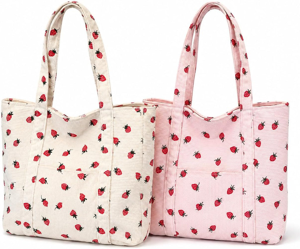 AiryMotion Strawberry-Design Corduroy Tote Bags, Set of 2