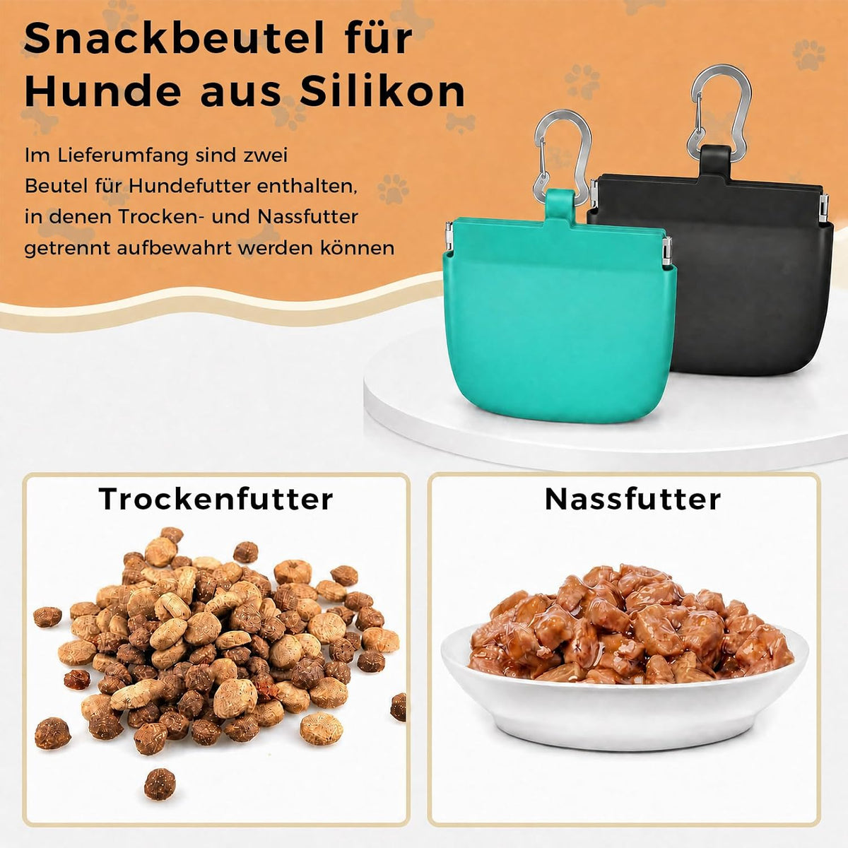 AiryMotion GLSD01 two-piece black and green treat-pouch set with separate snack examples