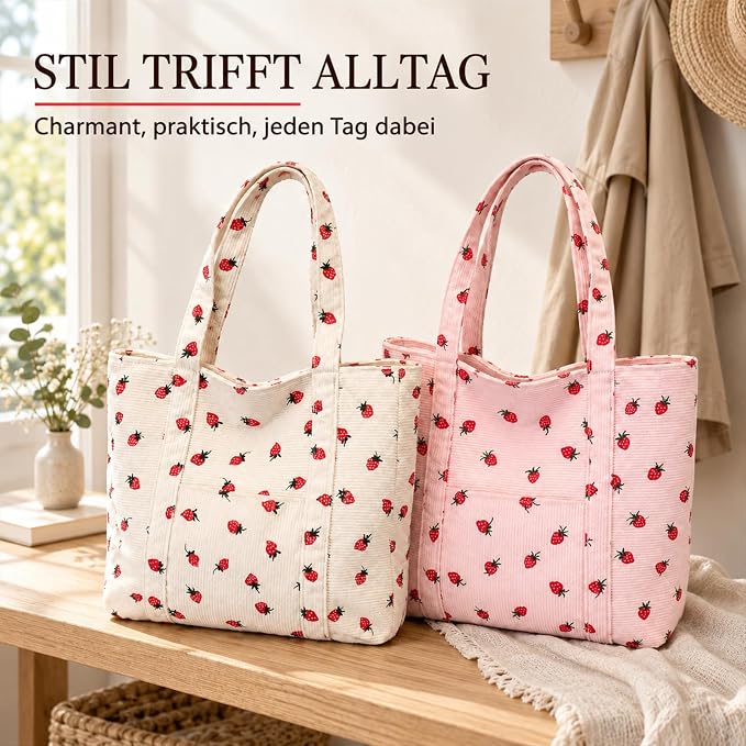AiryMotion Strawberry-Design Corduroy Tote Bags, Set of 2