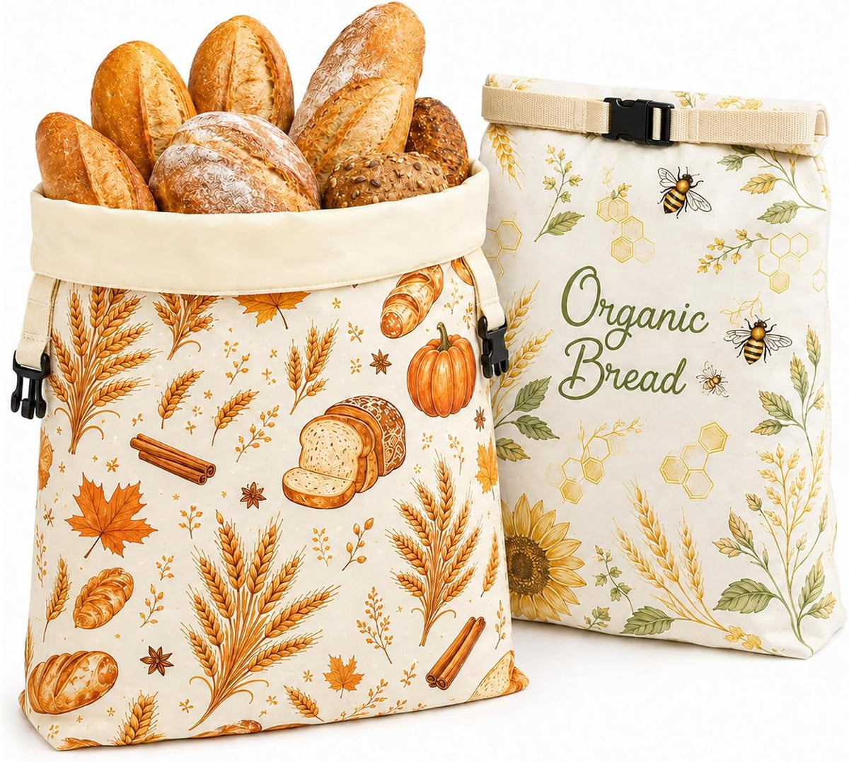 AiryMotion Printed Bread Bags with Beeswax Liners, Set of 2